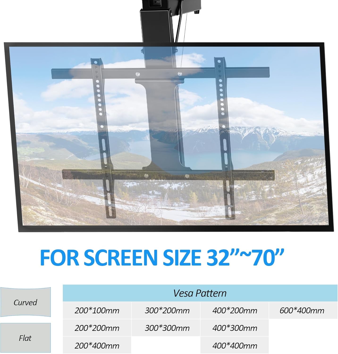 Electric Ceiling TV Mount with Remote - Motorized Ceiling TV Mount for Flat and Pitched Roof, 32 to 70 Inch Flat and Curved Screen Tvs (Black)