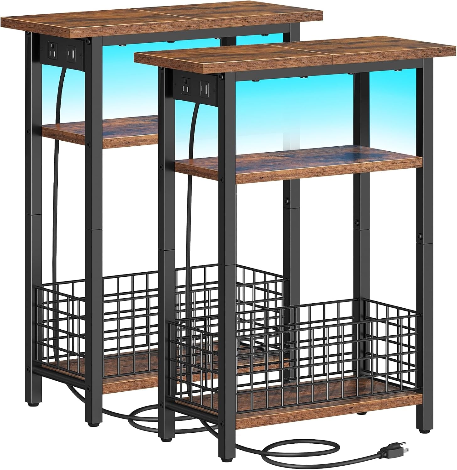 Narrow Side Table with Charging Station and LED Light, Set of 2, Small End Table with Storage, Skinny Nightstand Slim Bedside Table for Small Spaces, Living Room, Rustic Brown BF242UDBZP201