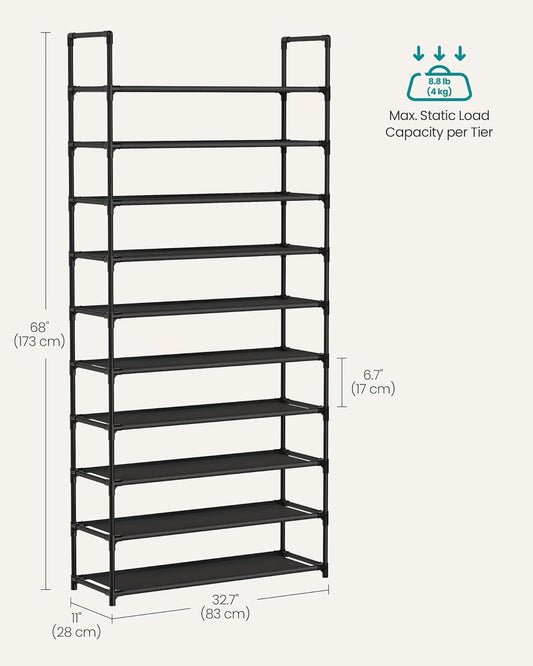 Shoe Rack, 10-Tier Shoe Shelf, Shoe Storage Organizer, 11 X 32.7 X 68 Inches, Metal Frame, Non-Woven Fabric Shelves, for Entryway, Bedroom, Black ULSH110BH01