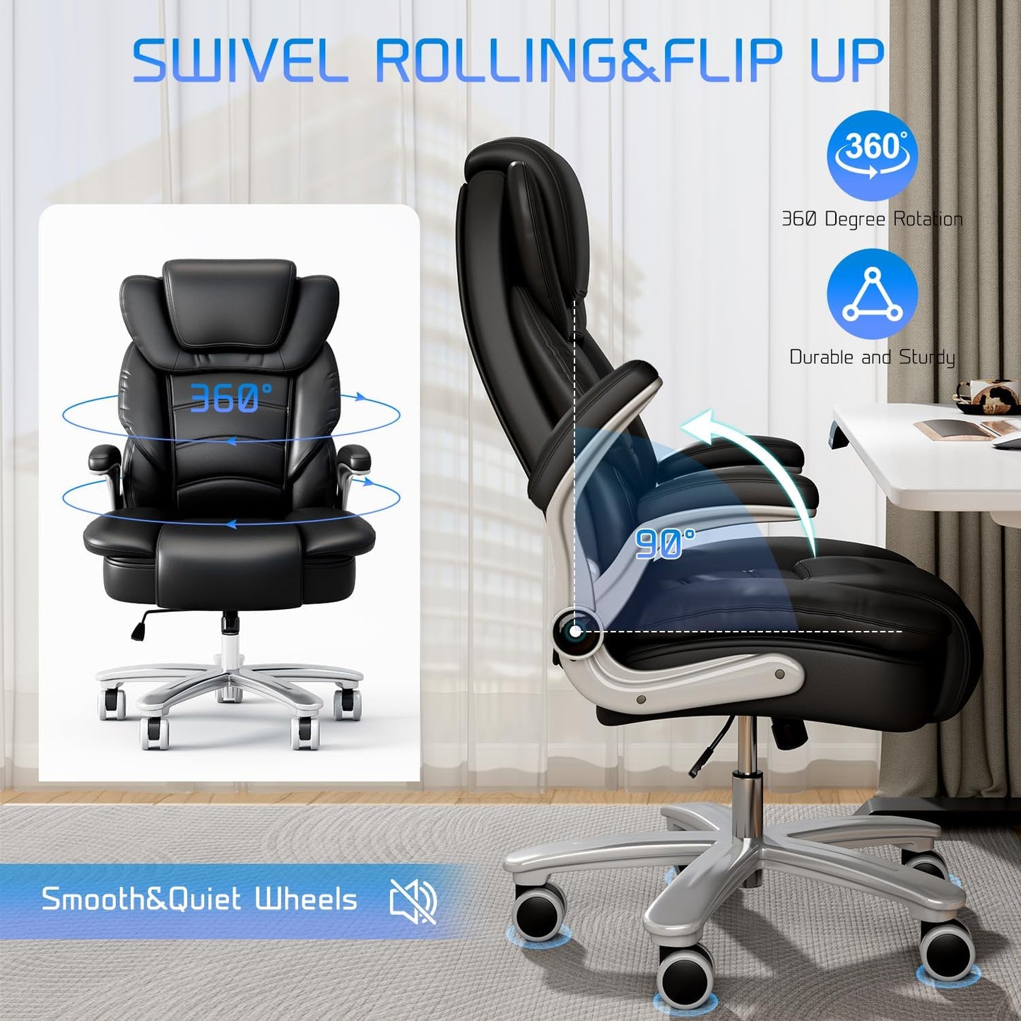 Big and Tall Office Chair 400Lb Wide Seat, Ergonomic High Back Leather Executive Desk Chair with Flip-Up Arms, Black