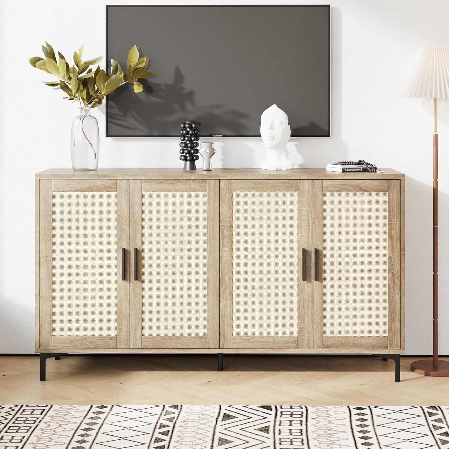 Sideboard - Kitchen Buffet Cabinet with Rattan Decorated Doors, Accent Cabinets with Doors, Coffee Bar Cabinets Rattan Sideboard Buffet Cabinet with Storage (Natural with 4 Doors)