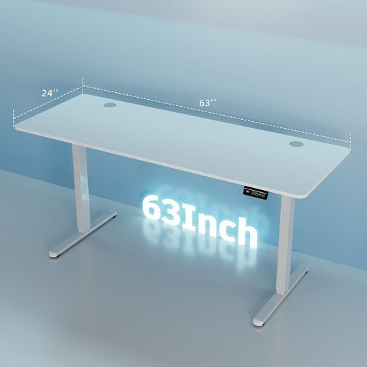 Standing Desk, 63X24 Inch Height Adjustable Electric Sit Stand up Desk, Ergonomic Rising Computer Table, Modern Lift Gaming Desk Workstation for Home Office, White