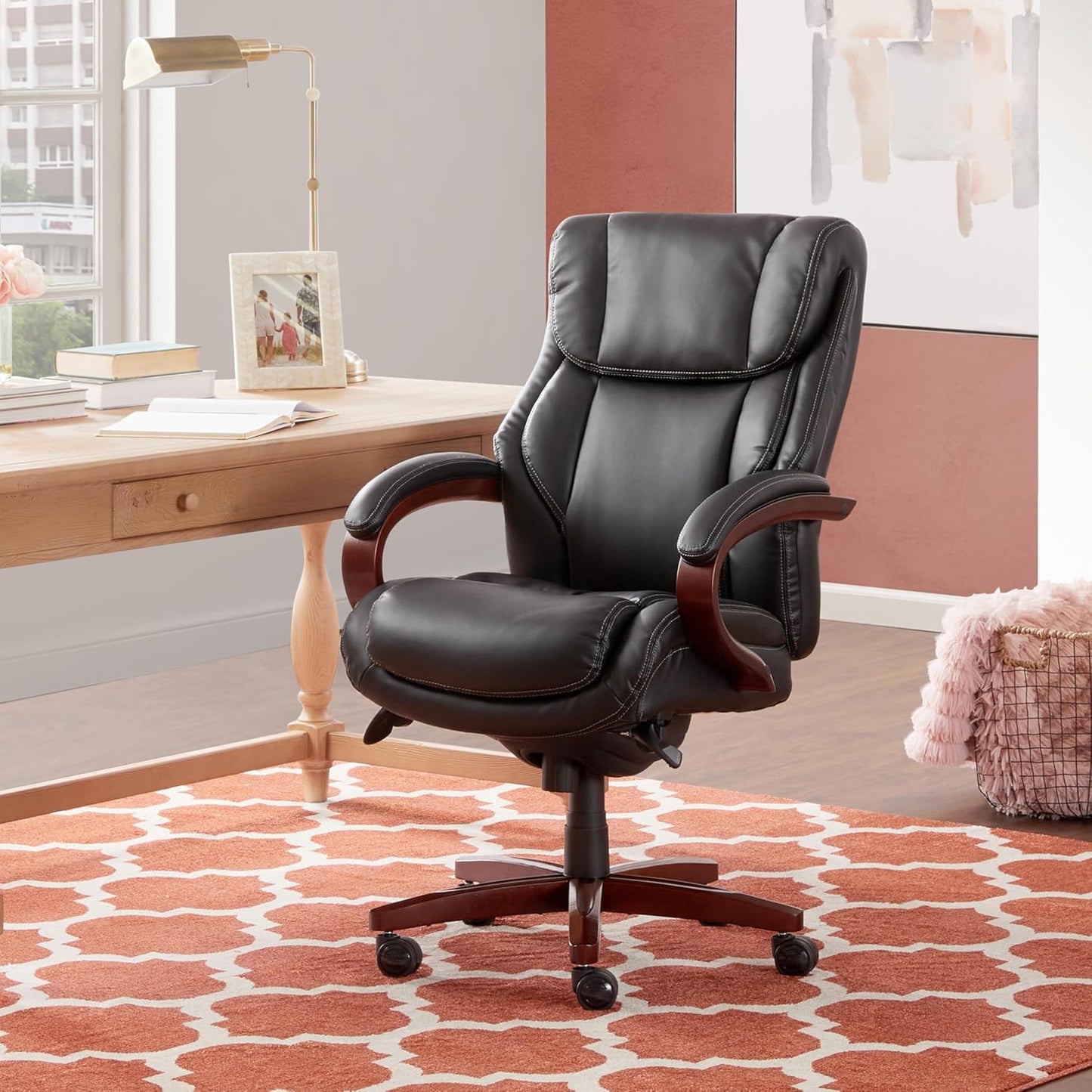 ® Bellamy Executive Office Chair with Memory Foam Cushions, Real Wood Arms and Swivel Base, Waterfall Seat Edge, Faux Bonded Leather, Black