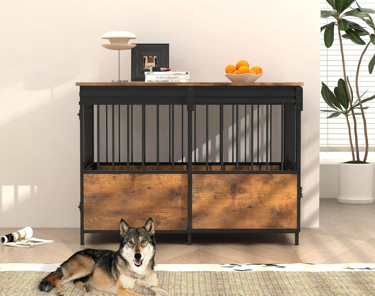 40 Inch Dog Crate Furniture, Heavy Duty Dog Kennel Indoor with Cushion & Double Doors, Wooden Dog Cage Side End Table for Medium Large Dogs, Brown