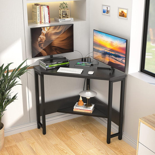 Corner Desk Small Desk with Outlets Corner Table for Small Space, Computer Desk with USB Ports Triangle Desk with Storage for Home Office, Workstation, Living Room, Bedroom, Black