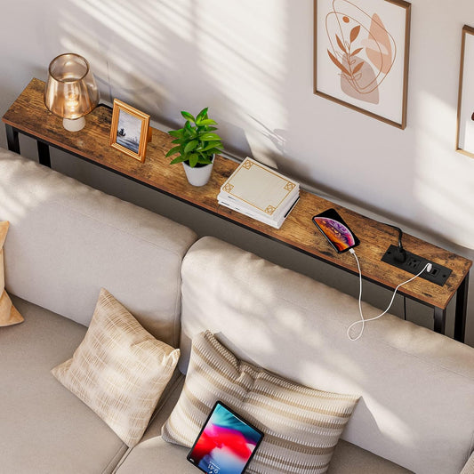 47.2" Narrow Console Table with Power Outlet, 5.9" behind Couch Table with Charging Station, Long Sofa Side Table, Skinny Entryway Table for Living Room, Hallway, Foyer, Rustic Brown BF15XG01G1