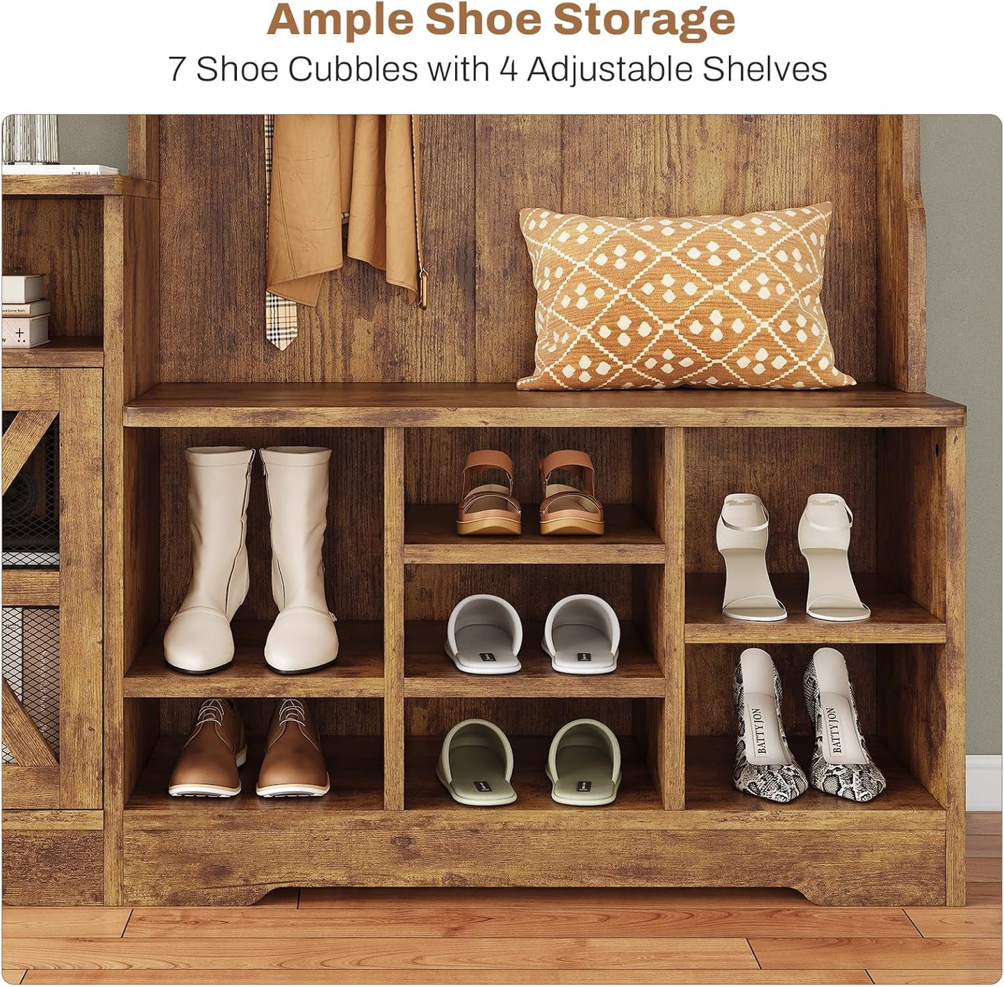 Hall Tree with Bench and Shoe Storage, Entryway Table, Entryway Furniture, 10 Compartments & 8 Double Hooks, Barn Door & Adjustable Shelf, Rustic Brown