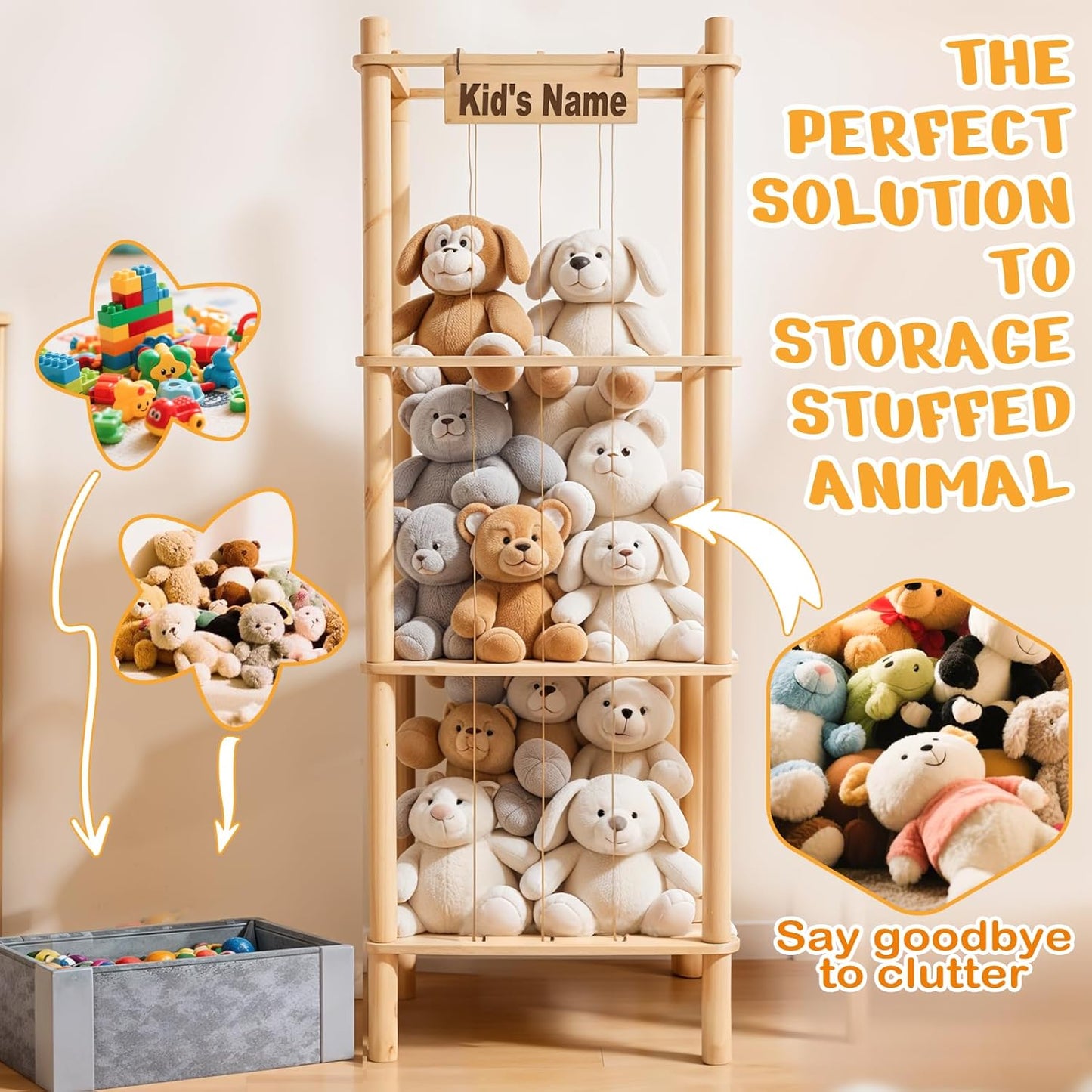 Stuffed Animal Storage with Tiny Toys Tray, 57In Large Wooden Stuffy Plushies Storage Holder Extra Large Capacity Stuffed Animals Zoo Organizer for Toddler Rooms, Playrooms & Bedrooms