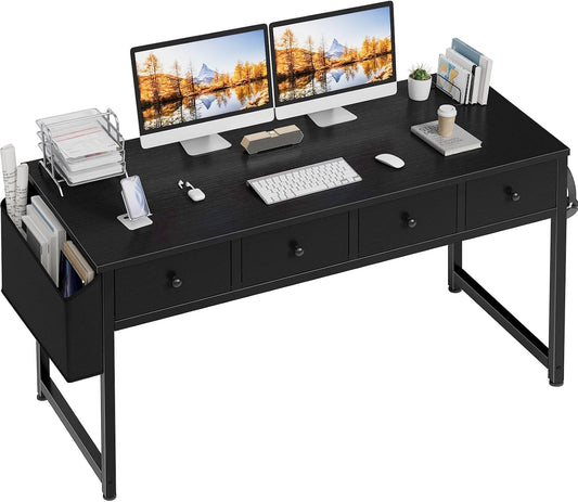 Black Computer Desk with Fabric Drawers for Home Office Bedroom, 47 Inch Vanity Desk with Drawer Storage and Side Pouch, Study Writing Table, Black