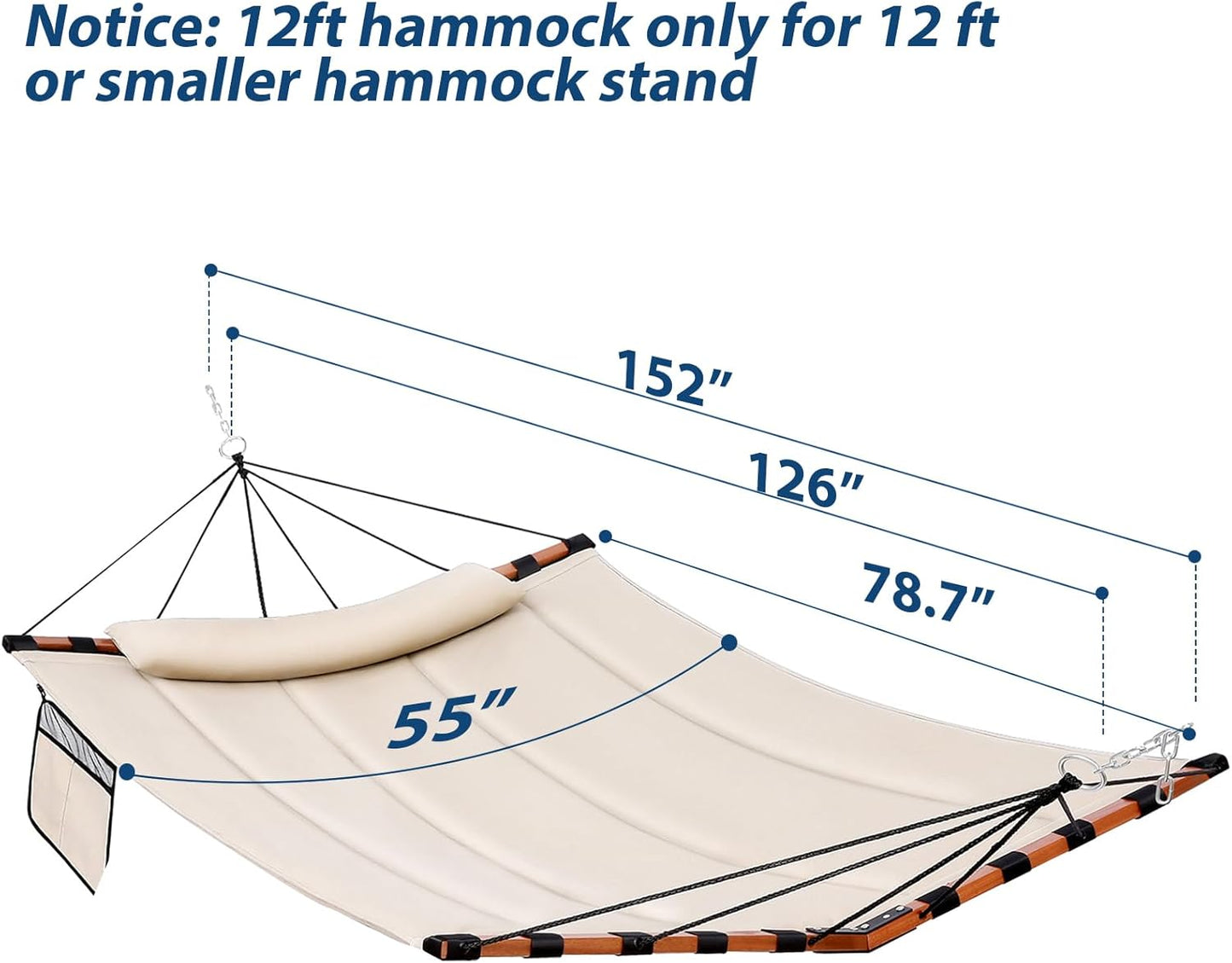12FT 2 Person Hammock with V Shaped Hardwood Spreader Bar & Nylon Rope for Outside, Patio, Garden, Backyard, Beach, Poolside, 450LB Capacity, 55In X 79In - Beige