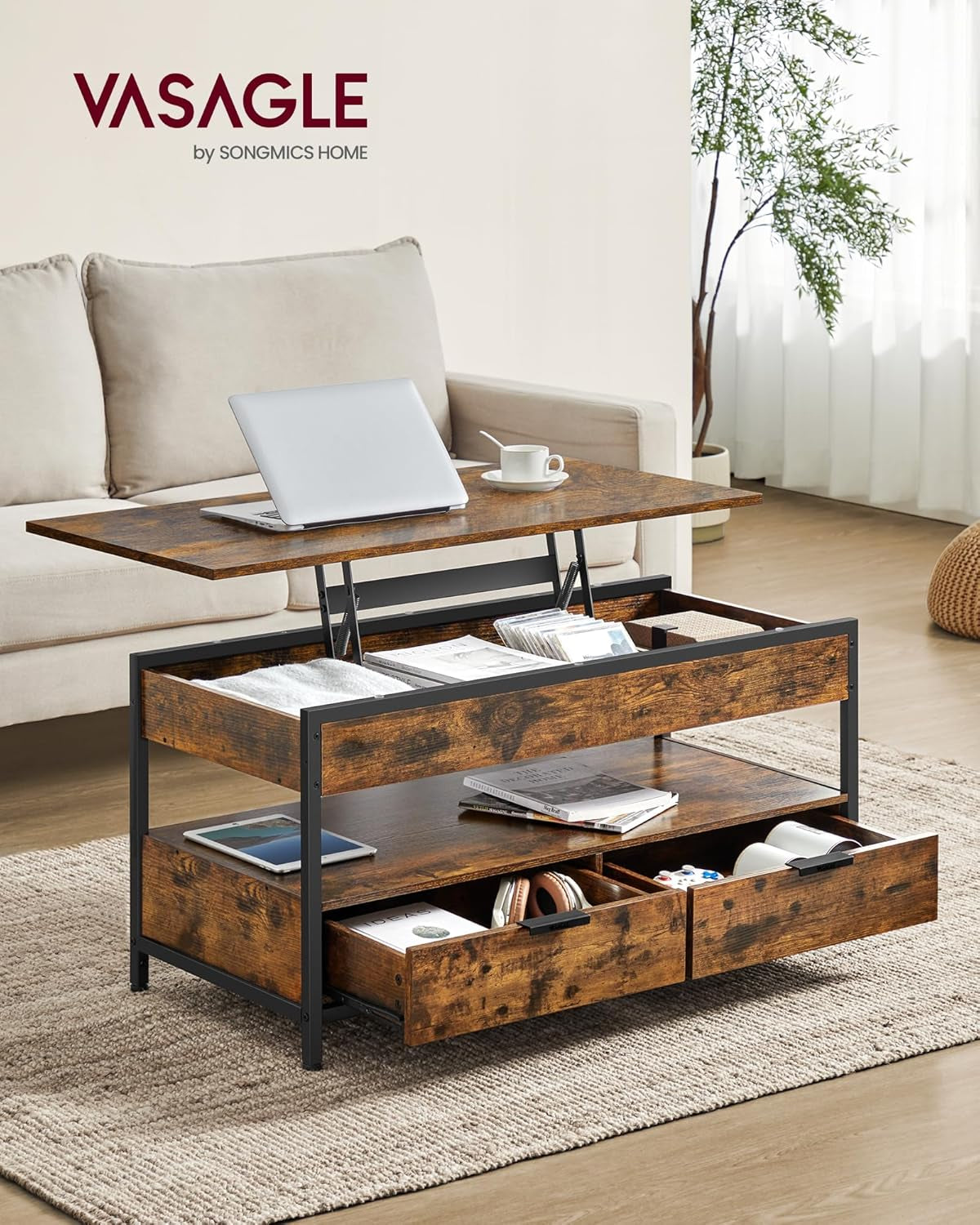 Lift Top Coffee Table with Storage Drawers, Coffee Table for Living Room with Lifting Top, Hidden Compartments and Open Shelf, Rustic Brown and Ink Black ULCT209K01