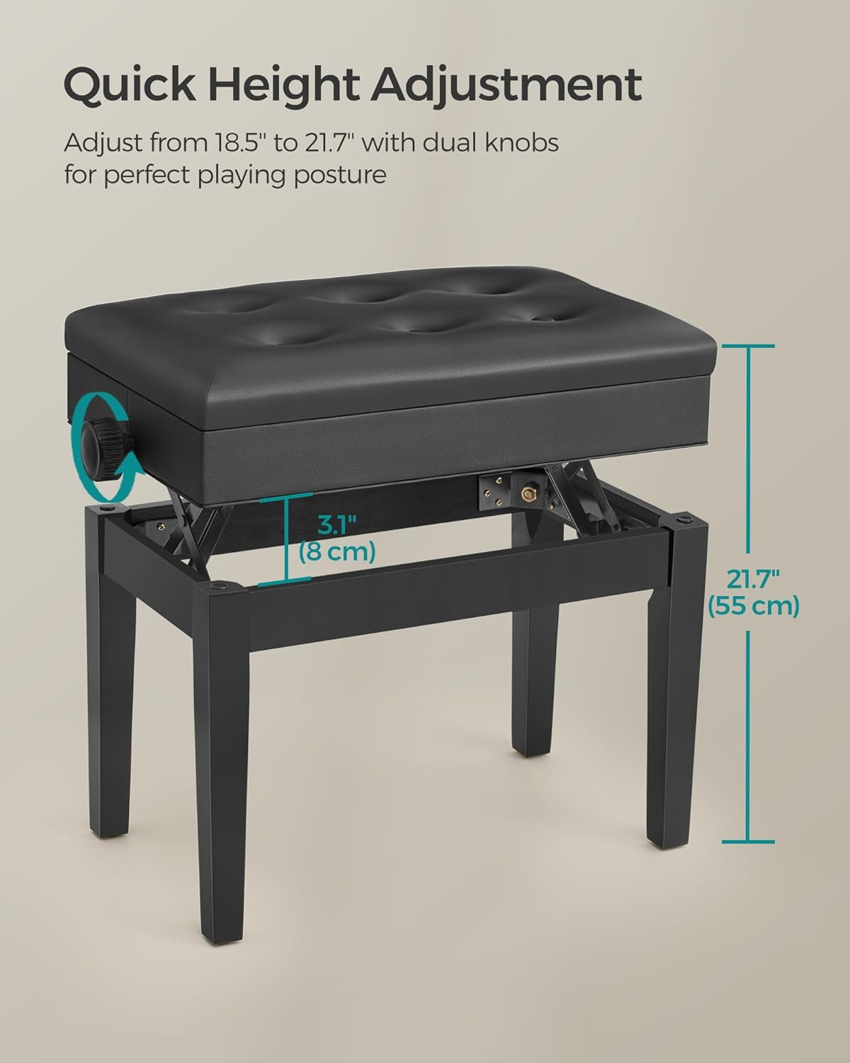 Adjustable Wooden Piano Bench Stool with Sheet Music Storage Black ULPB57H
