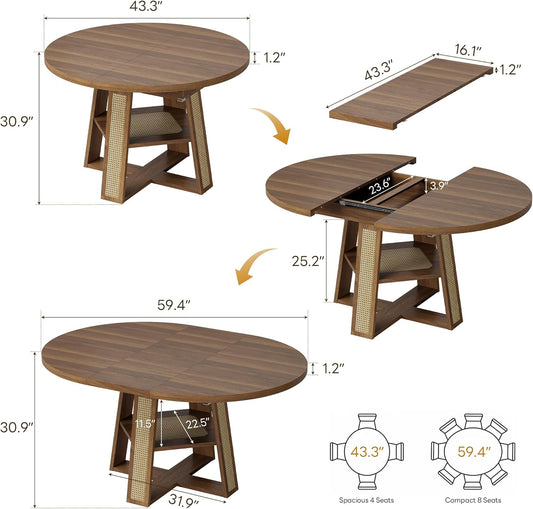 43"-59" Extendable round Dining Table for 4-8, Transformer Oval Dining Room Table with Removable Leaves Space Saving, Wood Base Kitchen Table with Storage Shelf for Living Room, Walnut
