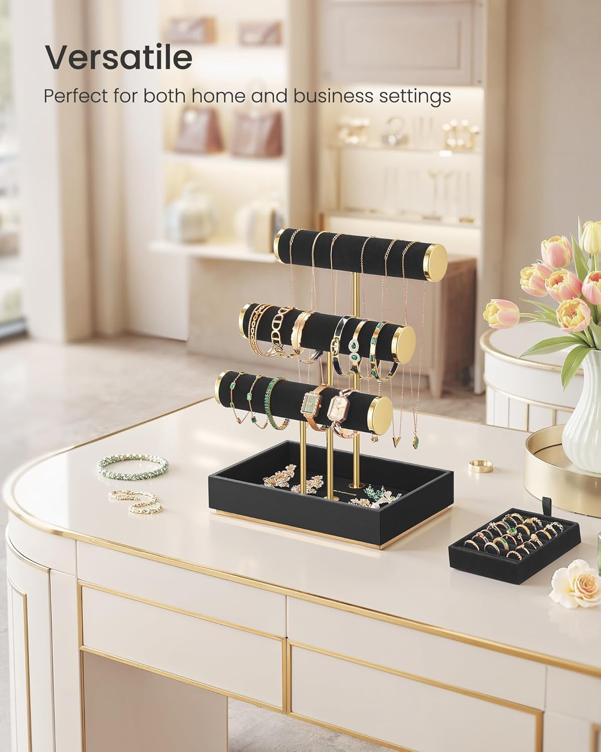 Ink black three-tier jewelry display stand with velvet tray, view 6