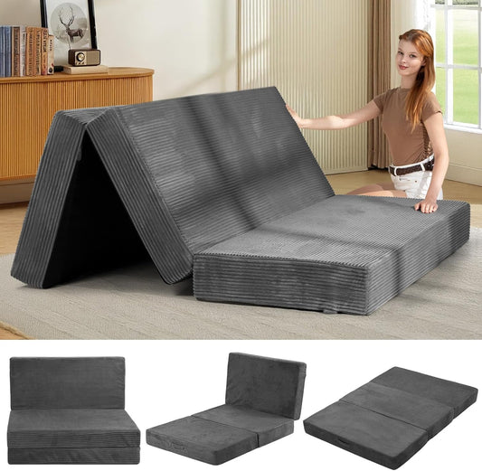6-Inch Tri-Fold Mattress Full Size - Foldable Futon Sofa Bed with Removable Washable Cover, Folding Memory Foam Futon Mattress | Non-Slip Bottom & Carry Handles for Guest, Camping, Dorm