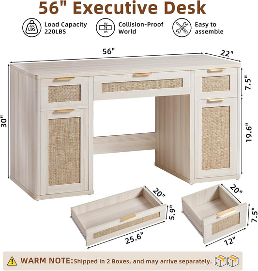 56'' Rattan Farmhouse Executive Desk with Drawers, Wood Home Office Desk with File Cabinet and Metal Handles, Large Vintage Computer Desk for Home, Bedroom, Living Room (Grey)