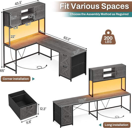 L Shaped Gaming Desk, Reversible Computer Desk with Fabric Drawers and Power Outlet, Gaming Desk with Led Lights, Hutch and Storage Shelf for Home Office, Grey