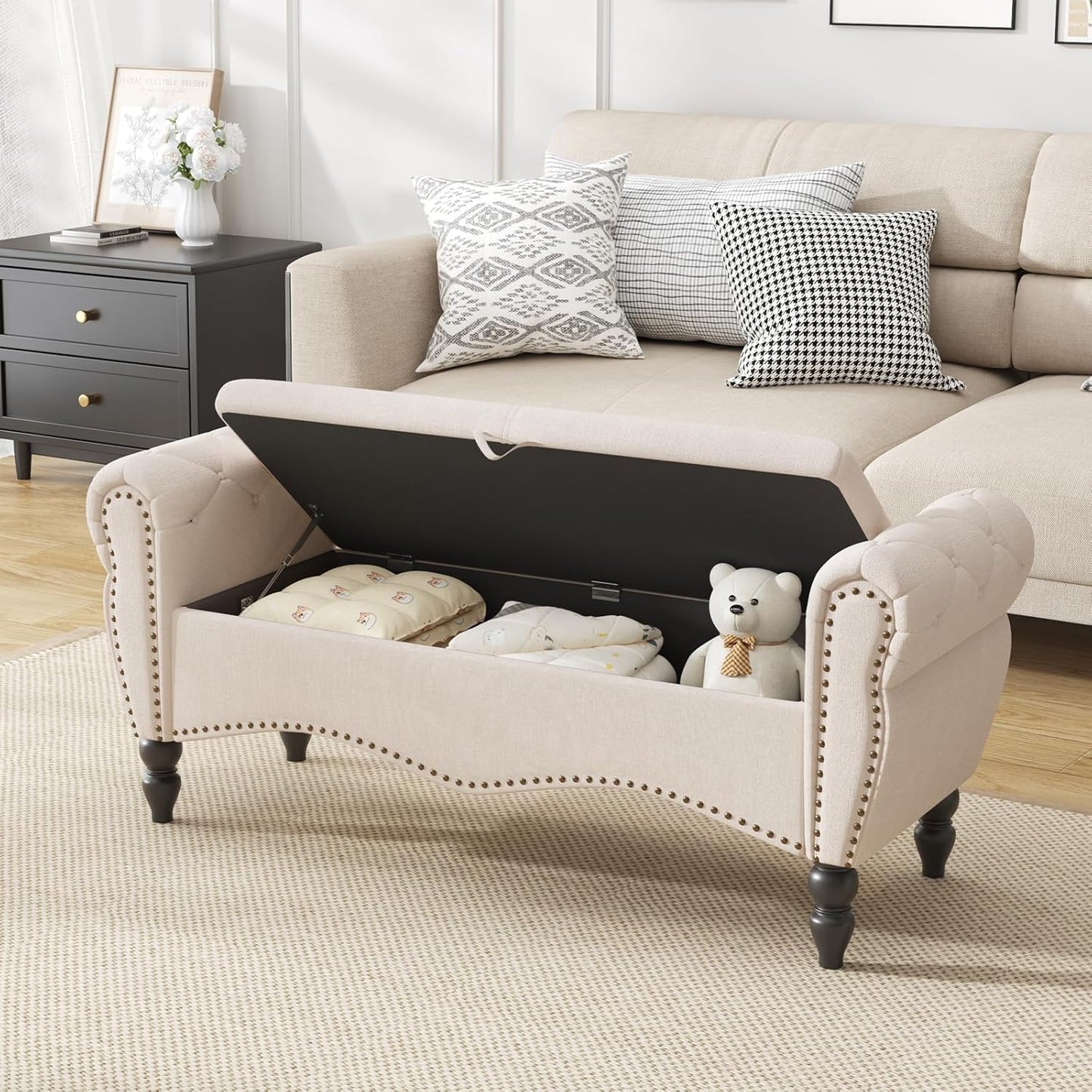 Storage Ottoman Bench for Bedroom, Upholstered End of Bed Bench with Solid Wood Legs Modern Shoe Storage Bench Indoor Bench for Living Room Entryway Bench Furniture,Beige, Linen