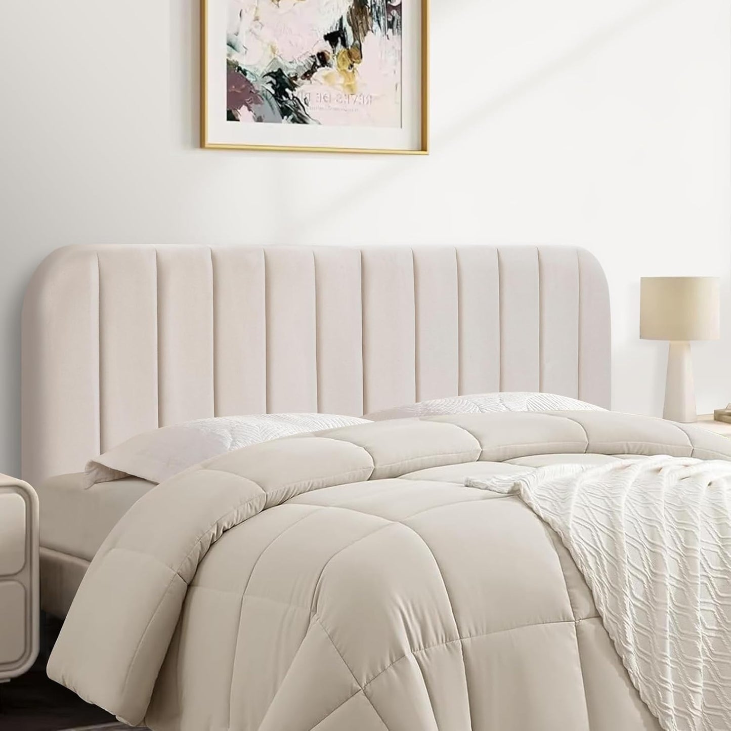 Upholstered Headboard - Striped Interval - Adjustable Height - Metal Legs - Bed Frame (Beige, Queen (U.S. Standard))