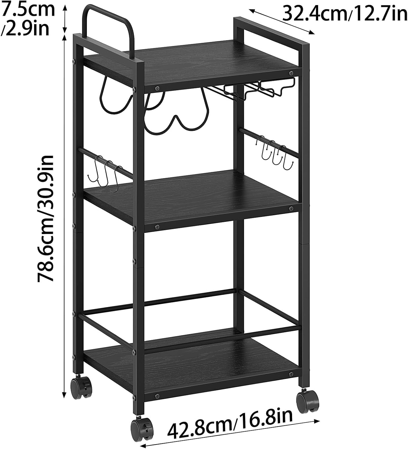 Bar Cart for the Home, 3 Tier Kitchen Carts with Wheels, Small Rolling Cart with Glass Holders, Wine Rack, Mini Bar Cart for Kitchen, Dining Room, Living Room, 13.0" D X 17.0" W X 33.8" H, Black