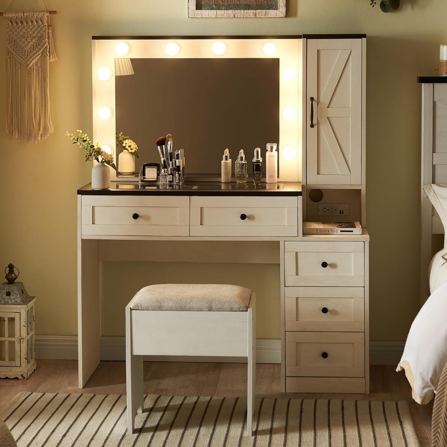 Farmhouse Vanity Makeup Desk with Charging Station, 43" W Vanity Desk with Lights Mirror and Drawers for Makeup, Big Modern Makeup Table Set with Stool for Bedroom, off White