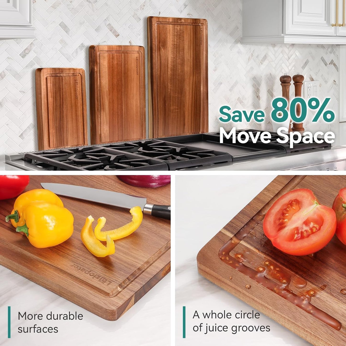 Acacia Wood Cutting Board,Solid Wood Cutting Board for Kitchen with Holder with Deep Juice Grooves & Built-In Handles, Durable Wooden Chopping Board Set of 3 for Meat, Vegetables and Fruits