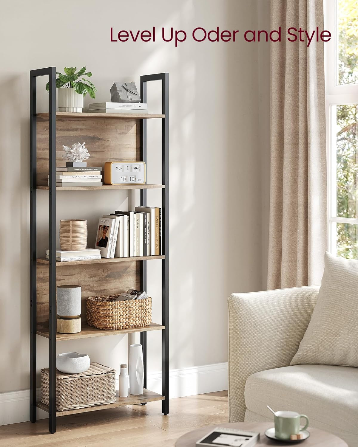 5-Tier Bookshelf and Computer Desk, Industrial Home Office Furniture Bundle, Steel Frame
