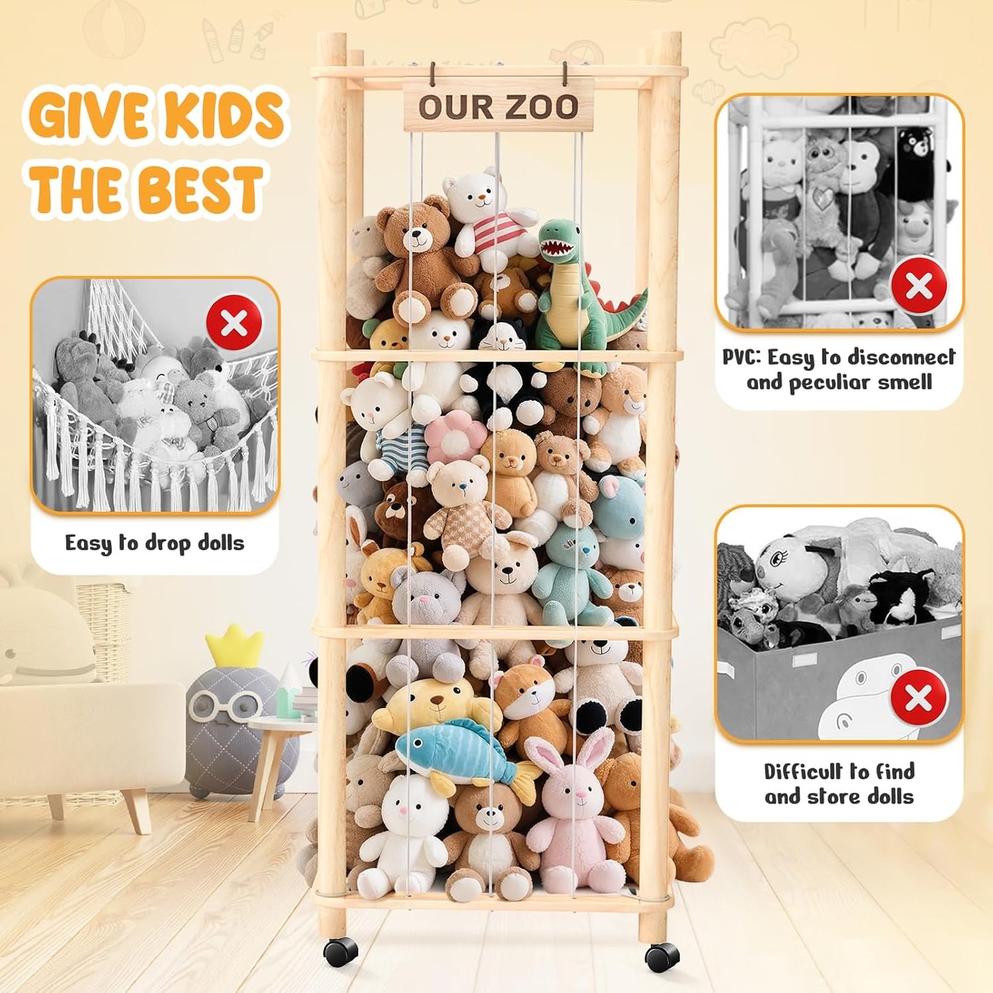 Extra Large Stuffed Animal Storage Zoo with Wheels – Plush Toy Organizer Cage, Space-Saving Rolling Holder for Kids’ Bedroom & Playroom