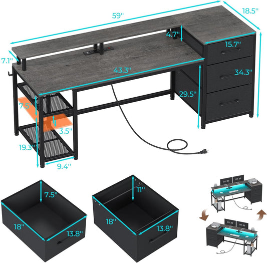 59" Office Desk with File Drawers, Reversible Computer Gaming Desk with Storage, LED Lights & Power Outlet, Home Office Desks for Printer, Grey