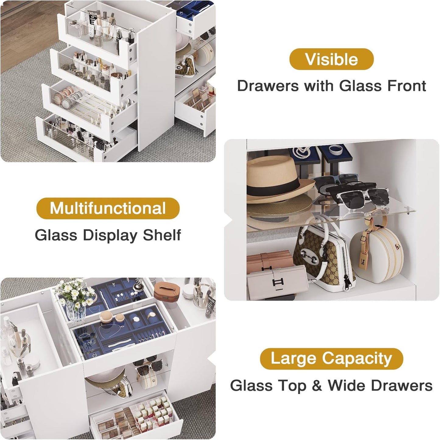 Closet Island with Drawers, Wardrobe Armoire Bedroom Island, Glass Display Shelf & 12 Drawers, White Dresser with Glass Top, Walk-In Closet Island for Bedroom, Cloakroom