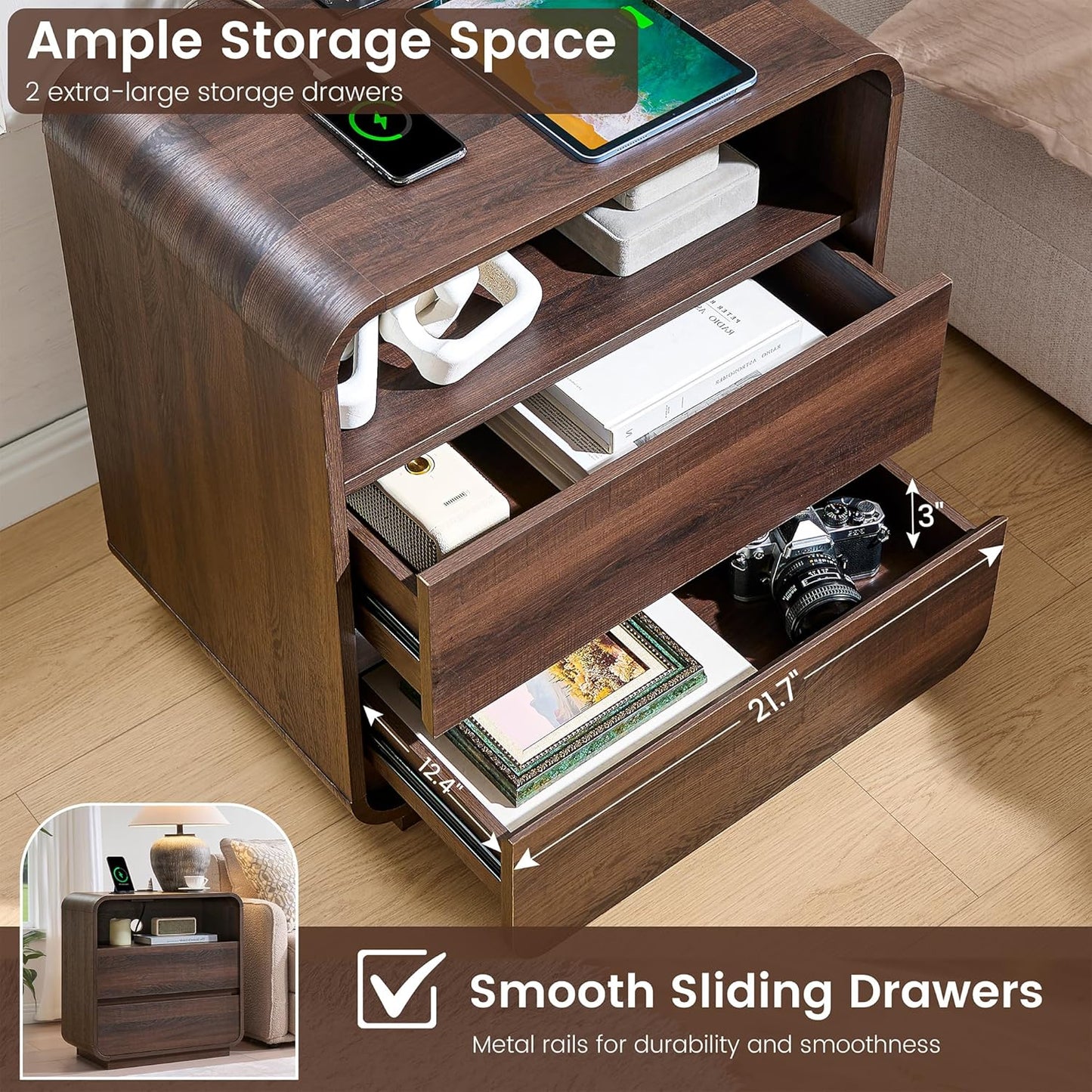 Modern Nightstand Set of 2, 23.2" Wide Wood Bedside Table with Charging Station, 3 Storage Drawers Side Table Curved Profile, Handleless, Large End Table Night Stand for Bedroom, Walnut 
