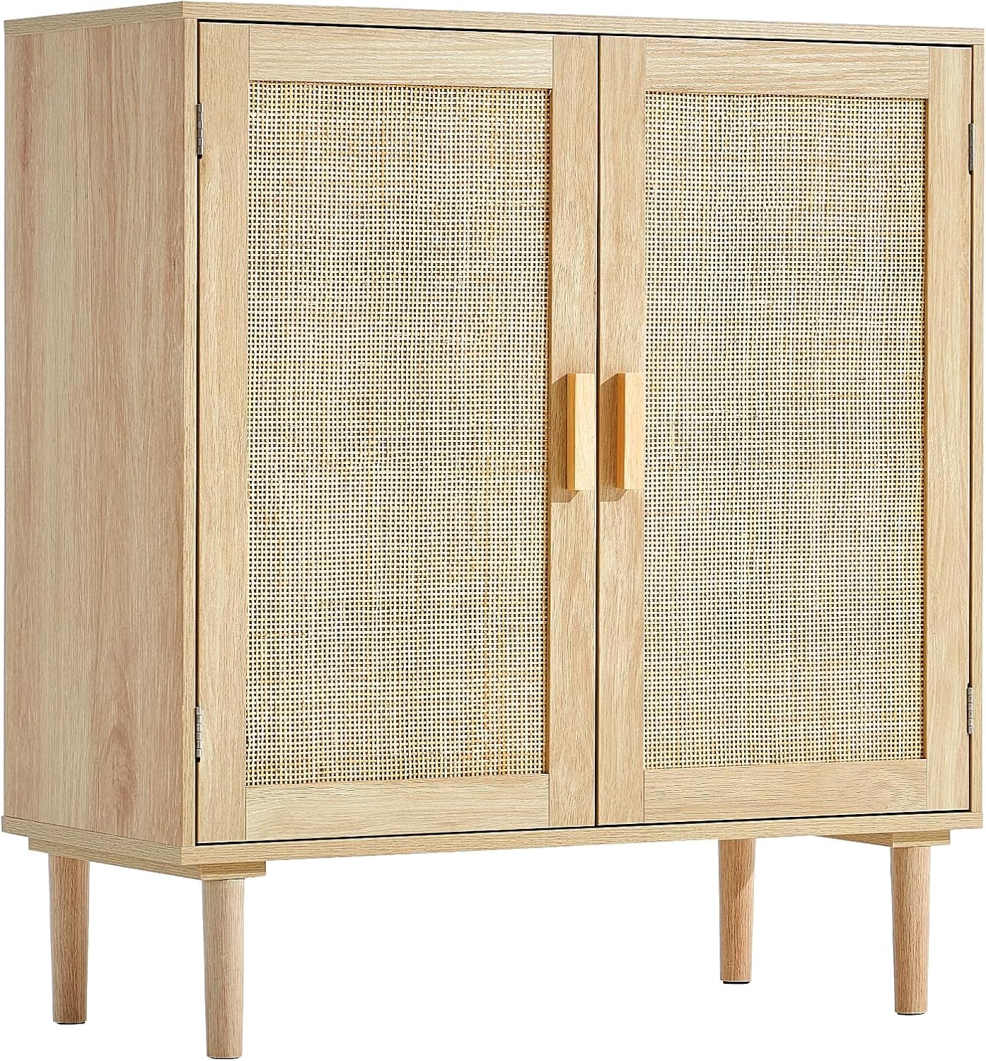 Rattan Cabinet, Buffet Cabinet with 2 Magnetic Doors and Adjustable Shelves, Sideboard Buffet for Hallway, Entryway, Living Room, or Kitchen, Natural