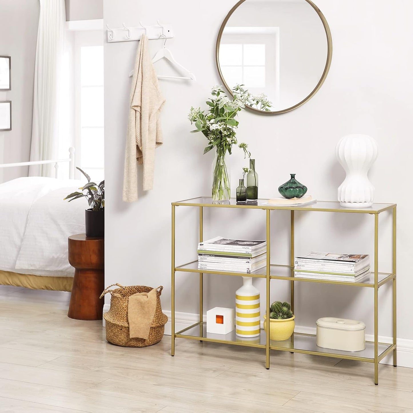 51.2 Inch Console Table with 3 Shelves, Sofa Tables, Modern Entryway Table, Metal Frame, Tempered Glass Shelf, Entryway Living Room Bedroom, Metallic Gold and Transparent ULGT024A01