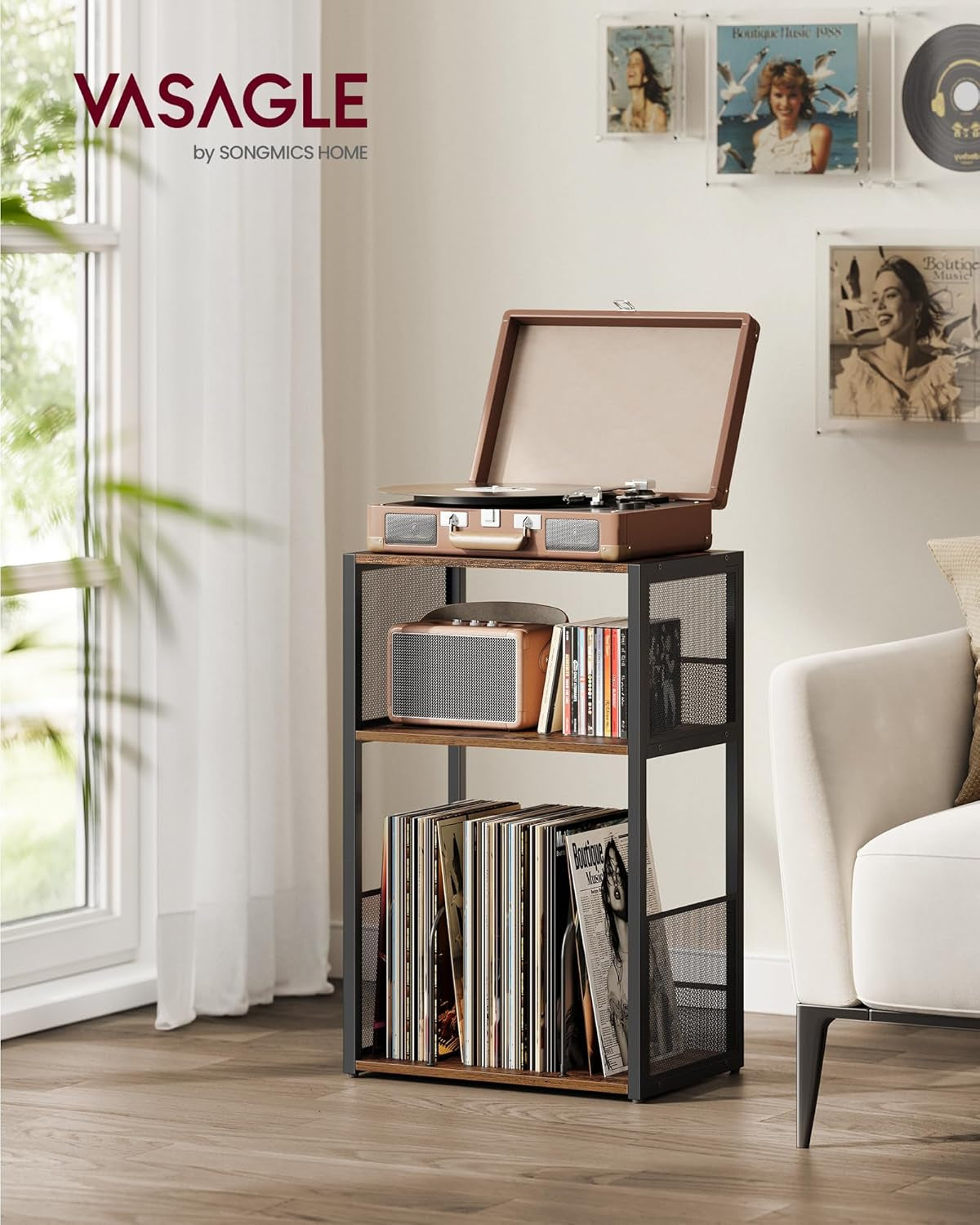Record Player Stand, 3-Tier Side Table, Vinyl Record Storage up to 100 Albums, End Table for Living Room, Bedroom, Ebony Black ULET275B01