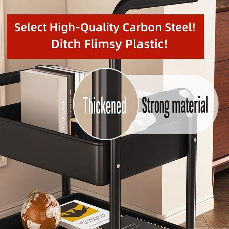 3 Tier Metal Rolling Utility Cart Organizer with Walnut Table Top, Stable and Sturdy Rolling Storage Carts with 2 Lockable Wheels for Kitchen,Bathroom,Snacks,Coffee,Craft,Makeup,Baby Essentials