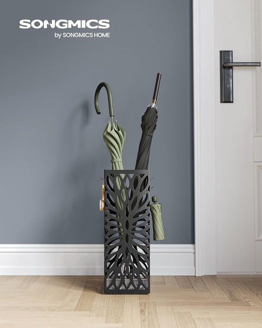 Umbrella Stand, Umbrella Holder for Entryway, Steel Square Umbrella Rack Organizer Freestanding, for Canes Walking Sticks, with a Detachable Drip Tray, 4 Hooks, Black ULUC026B33