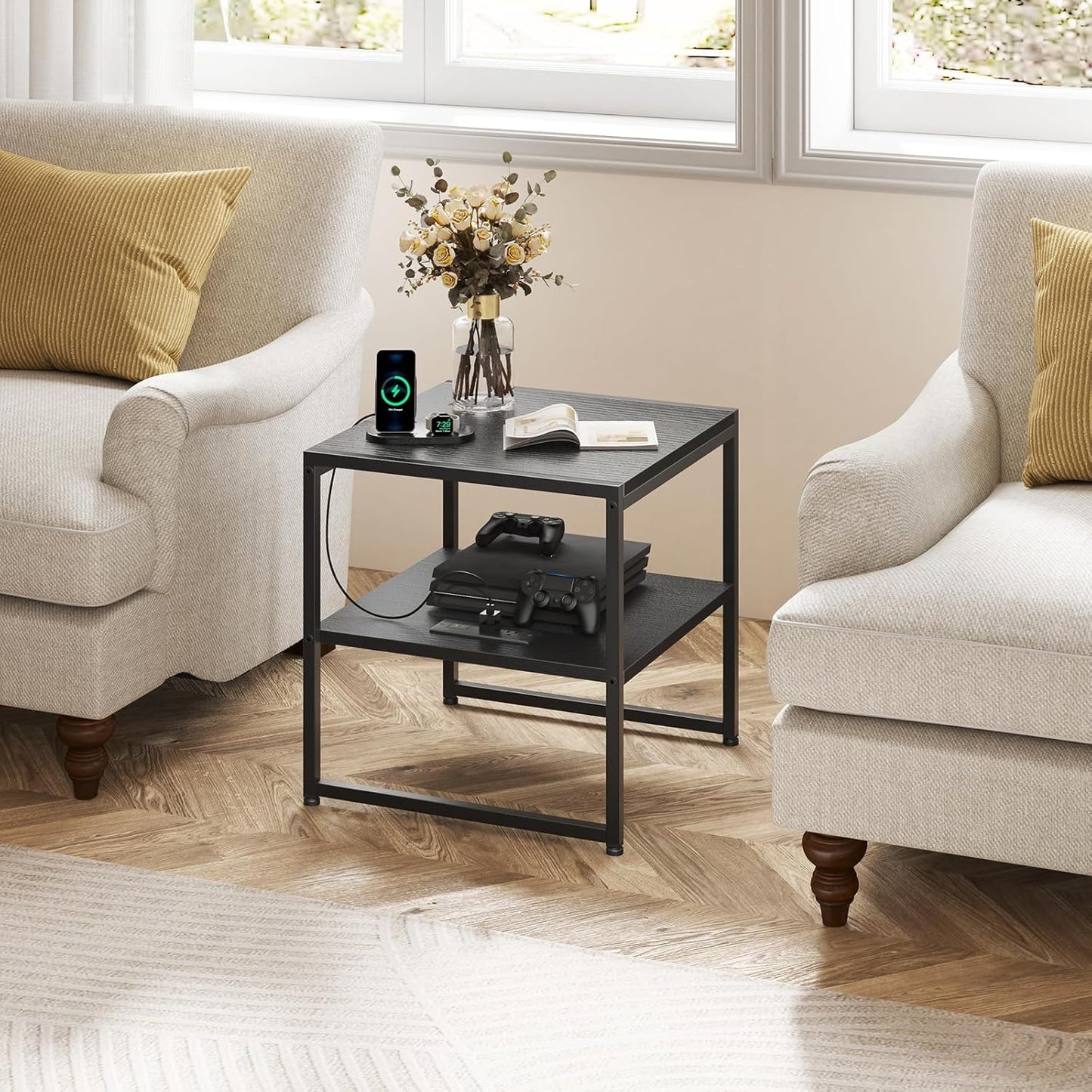 20" End Table with Charging Station, Industrial Square Side Table with USB Ports & Outlets, Versatile 2-Tier Small Nightstand for Bedroom Living Room, Black