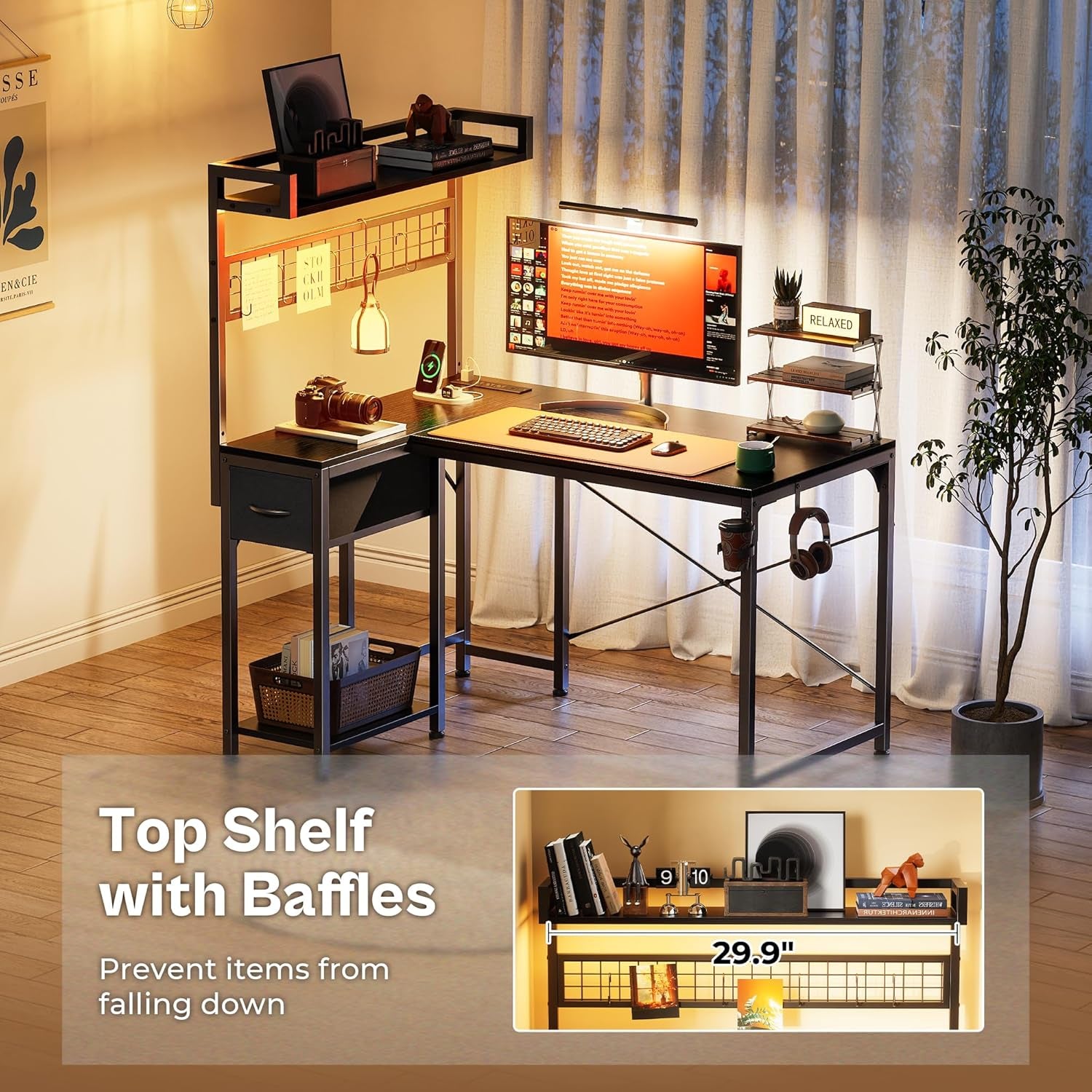 L Shaped Gaming Desk with Shelves, Corner Computer Table with LED Lights, Power Outlets and USB-C Ports, 42 Inch Reversible Home Office Desk with Storage Drawer, for Work and Study, Black