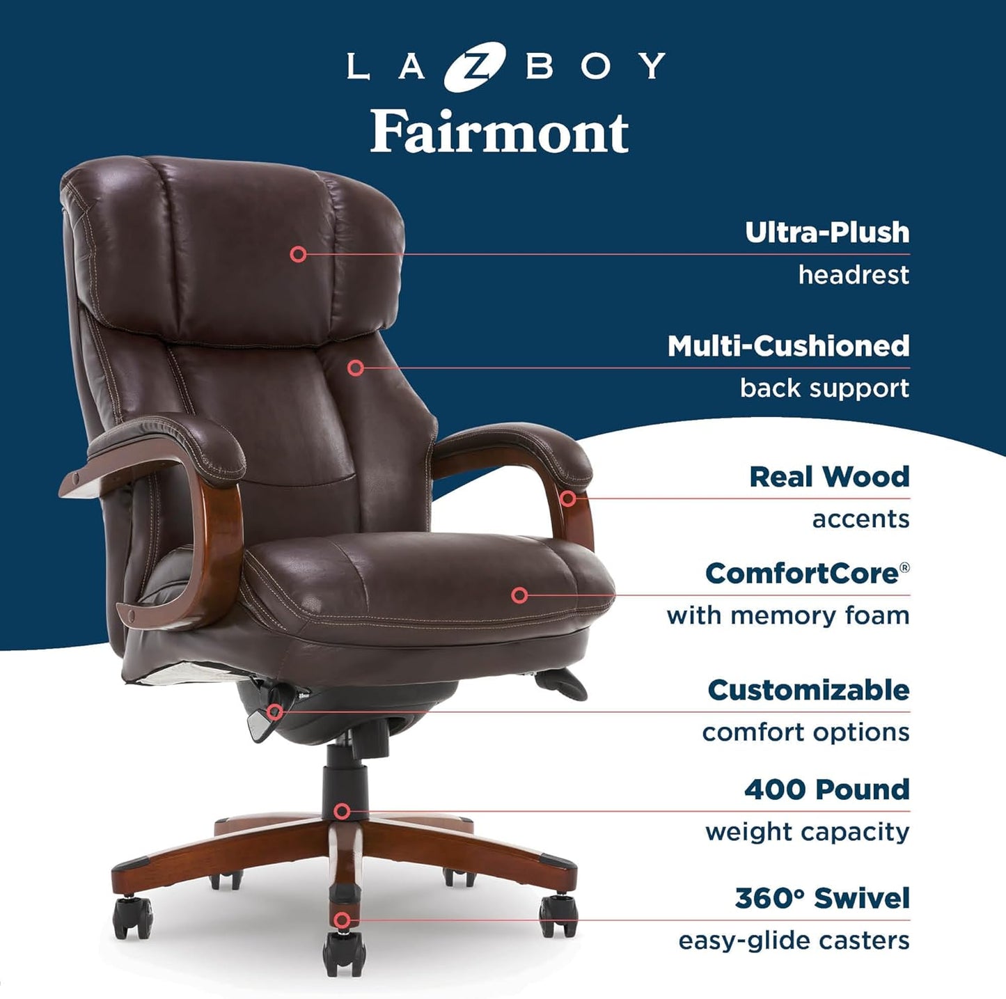 ® Fairmont Big and Tall Executive Office Chair with Memory Foam Cushions, High-Back Swivel Desk Chair with Wood Arms and Base, Bonded Leather, Brown