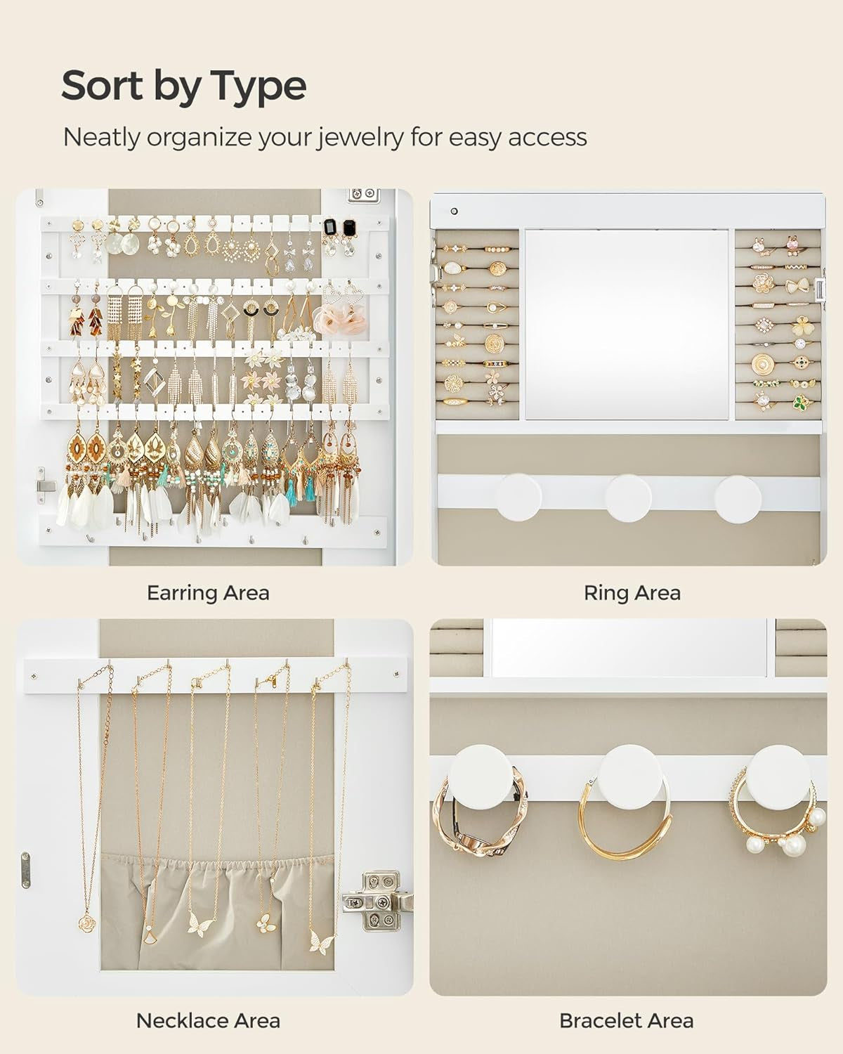 Jewelry Organizer, LED Jewelry Cabinet Wall/Door Mounted, Lockable Rounded Wide Mirror with Storage, Interior Mirror, 3.9 X 16.5 X 42.5 Inches, White Surface with Greige Lining