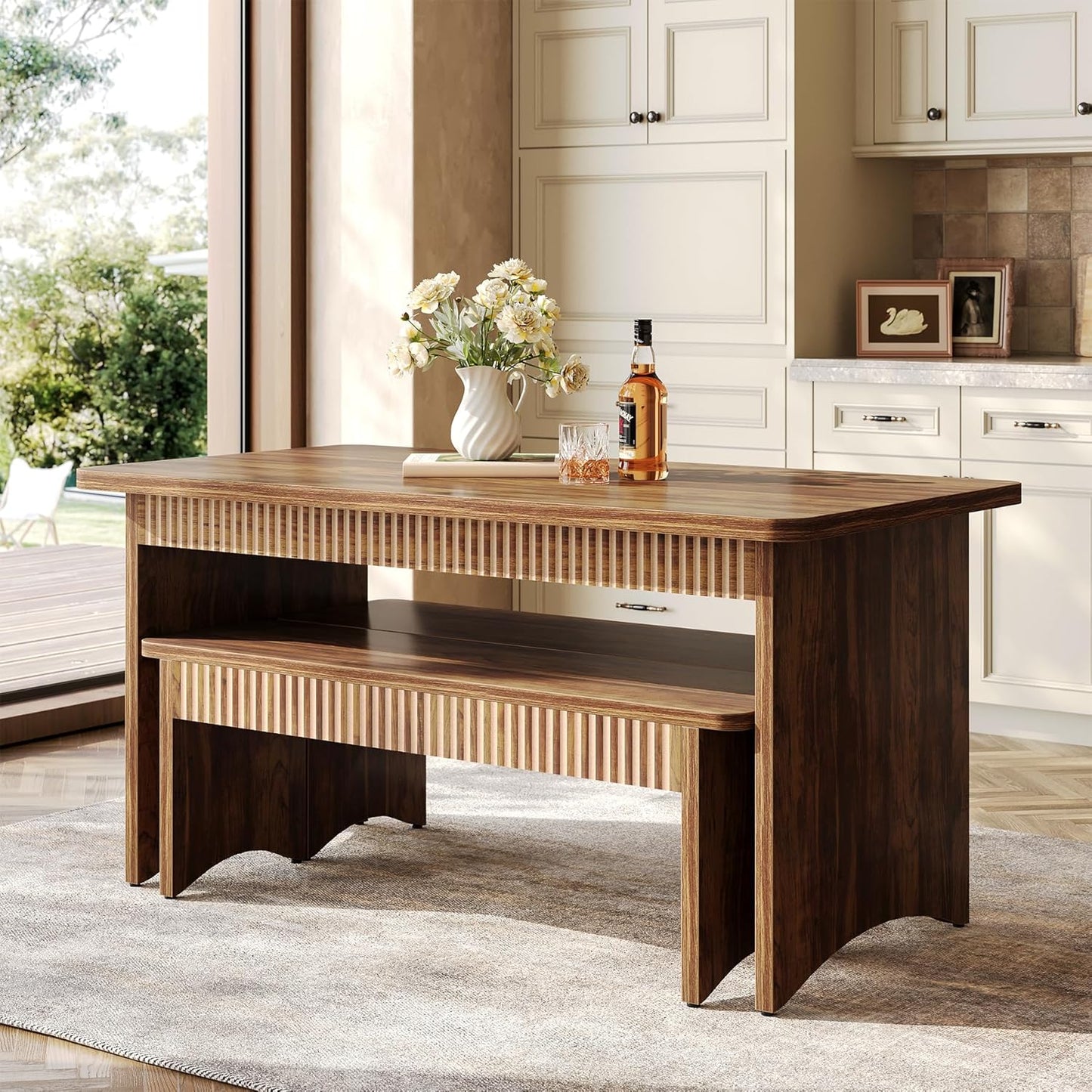 55" Dining Table with 2 Benches, Dining Table Set for 4-6 People, Farmhouse Kitchen Table with Bench, Dining Room Table Set