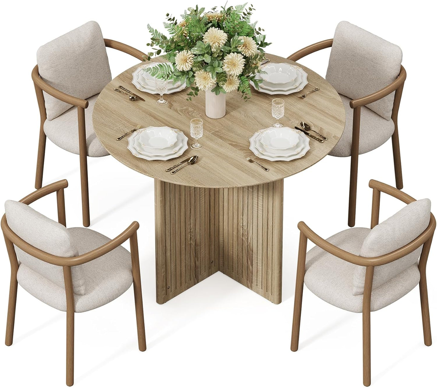 round Dining Table for 4-6 People, Modern Wooden Kitchen Table with Pedestal Base, Small Dinner Table for Dining Room, Kitchen, Living Room