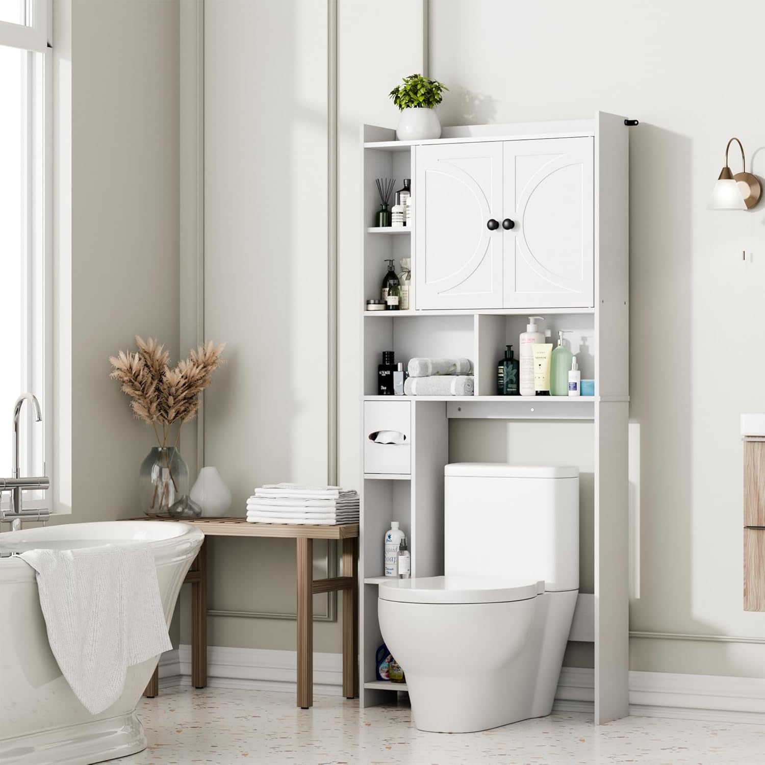Over the Toilet Storage Cabinet, Farmhouse Storage Cabinet above Toilet Bathroom Organizer, White