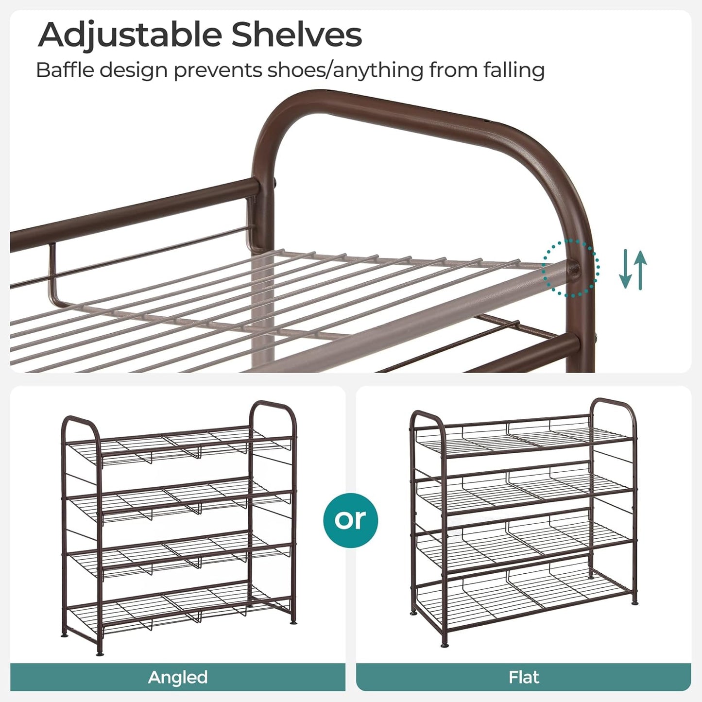 Stackable Shoe Rack, 4 Tier Metal Shoes Rack Storage Shelf, Holds up to 20 Pairs Shoes, Adjustable Slanted Shelves Tower Organizer for Closet Entryway Small Spaces, Bronze