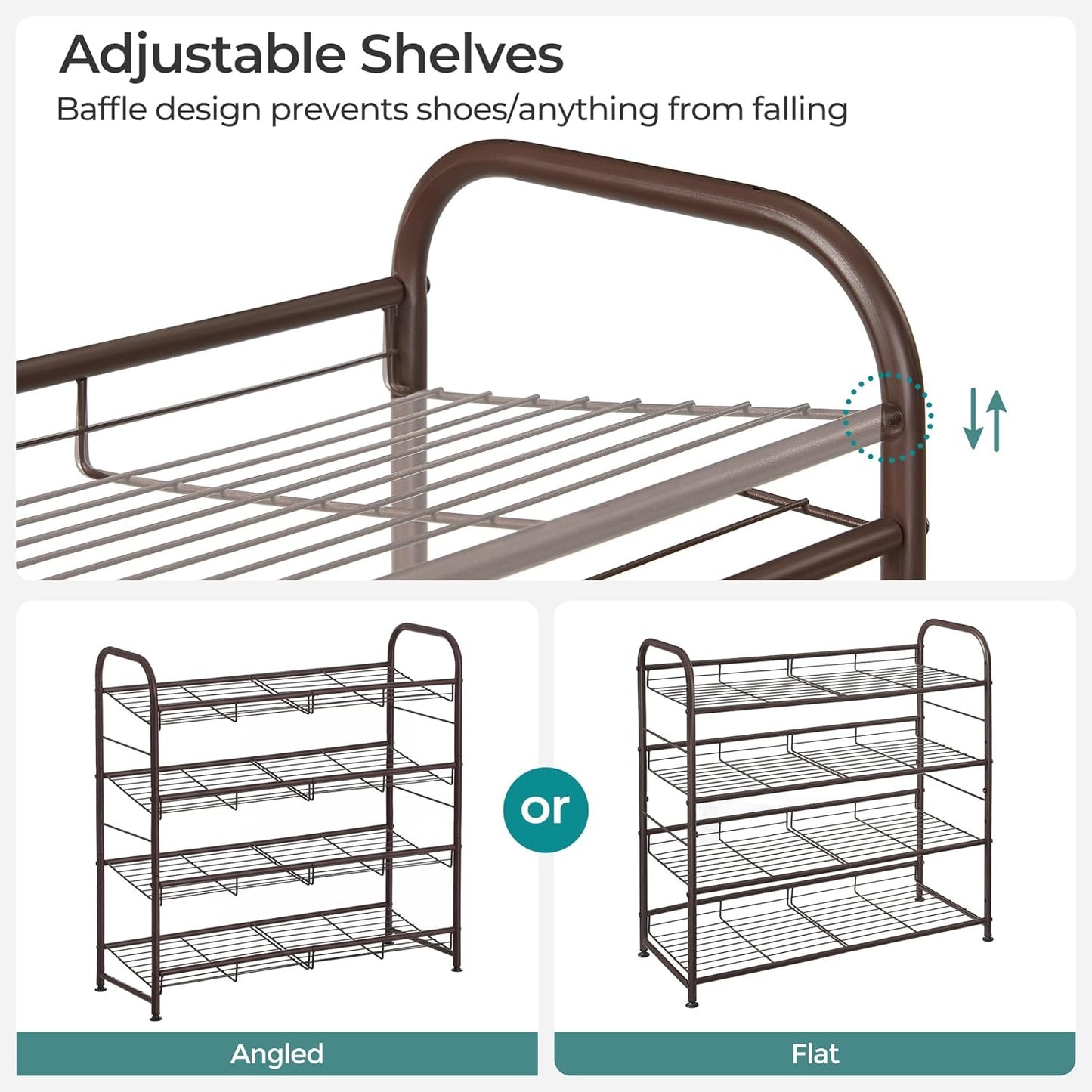 Stackable Shoe Rack, 4 Tier Metal Shoes Rack Storage Shelf, Holds up to 16 Pairs Shoes, Adjustable Slanted Shelves Tower Organizer for Closet Entryway Small Spaces, Bronze