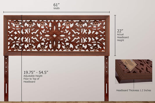 Solid Wood Sturdy Queen Headboard - Compatible with All Bed Frame - Intricate Hand Carved Rajasthan Motif - Bohemian Transitional - Beautiful for Any Bedroom - Rustic Antique Brown