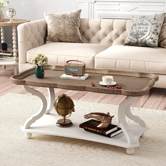 Farmhouse Coffee Table, Rustic White Cocktail Table with Storage Shelf, Sofa Table with Natural Tray Top and Carved Legs for Living Room Furniture Dining Room, Vintage White