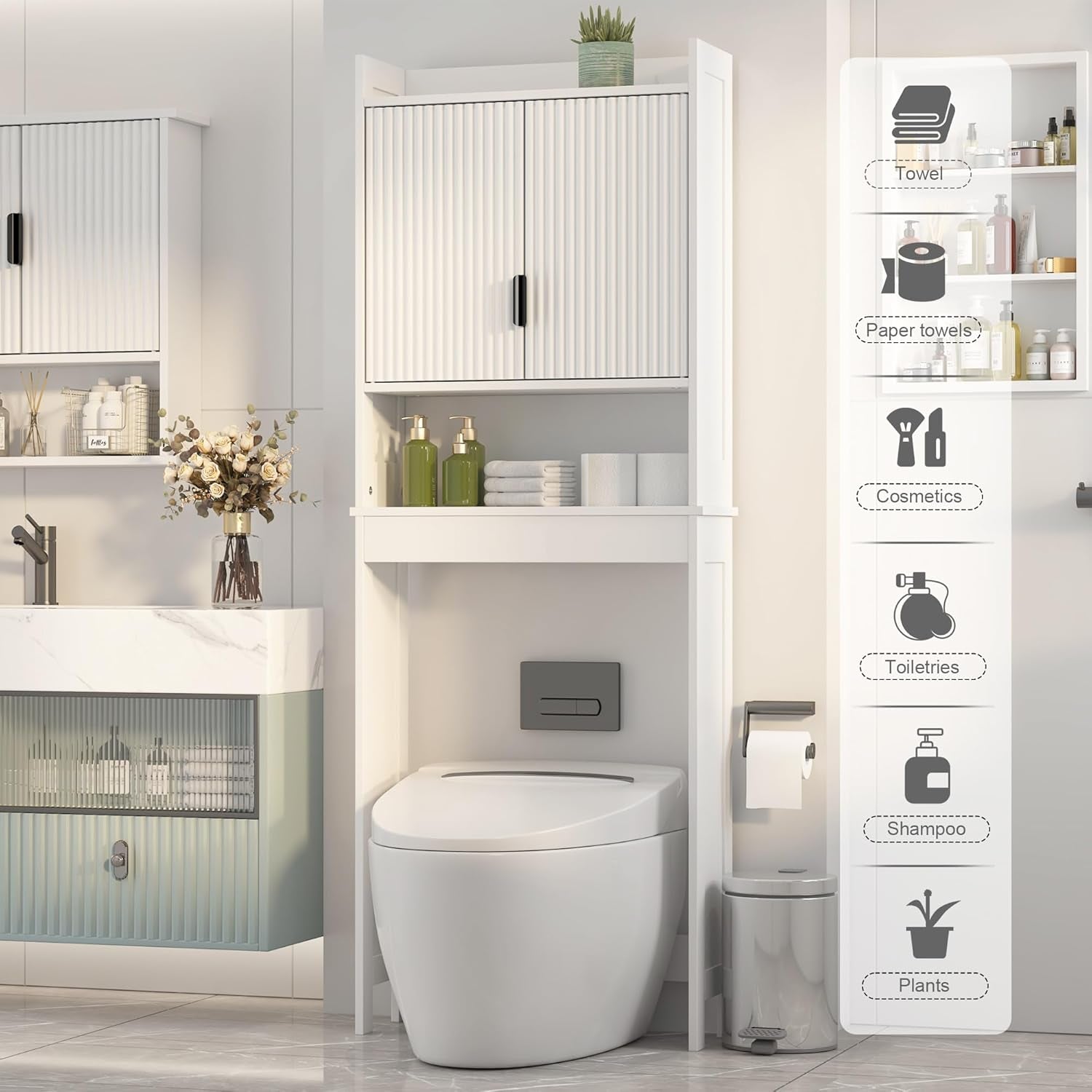 Over the Toilet Storage Cabinet,Behind Toilet Bathroom Organizer with Anti-Tip,Space-Saving Toilet Shelf with Storage,Stylish Wave Pattern & Hidden Handle,Bathroom Shelf for Restroom/Laundry