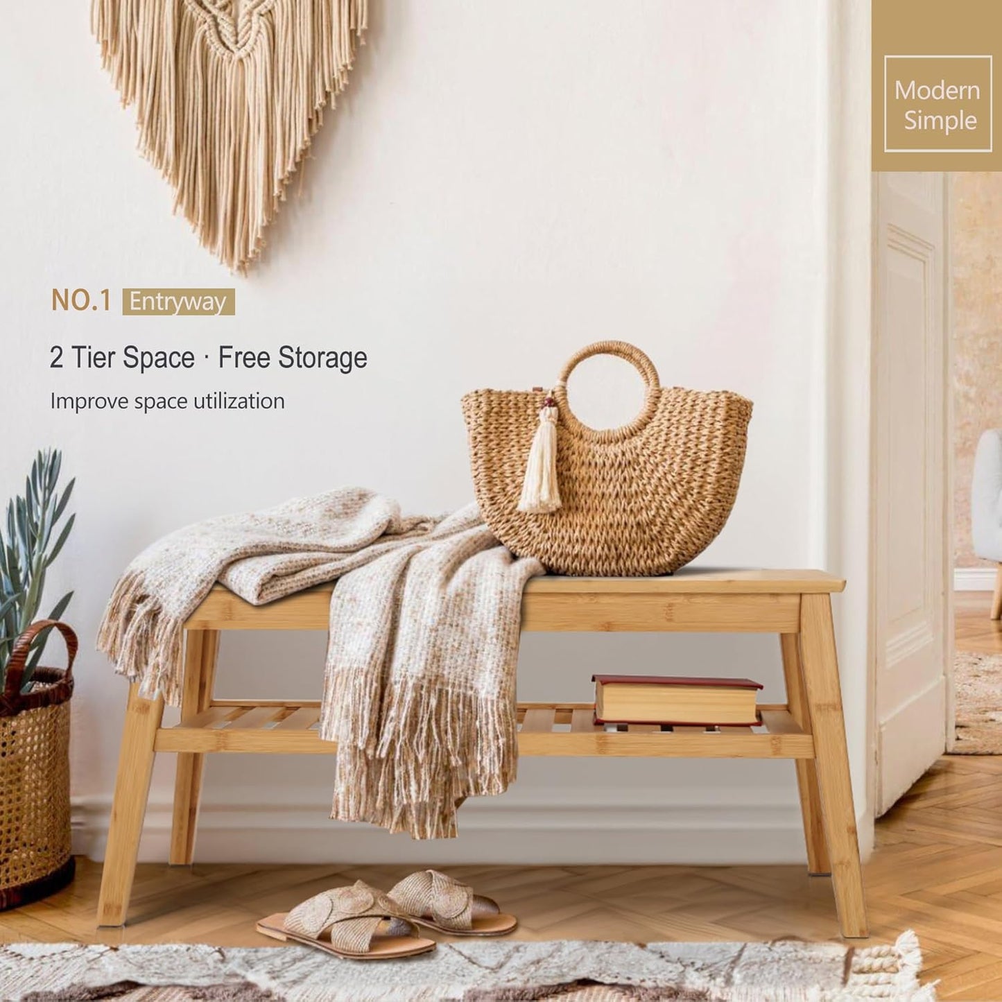 Bamboo Dining Bench, 33.46" Indoor Storage Bench, Small Wood Benches for Entryway, Living Room, Bedroom, Hallway, Outdoor Wooden Bench, Holds up to 300Lbs