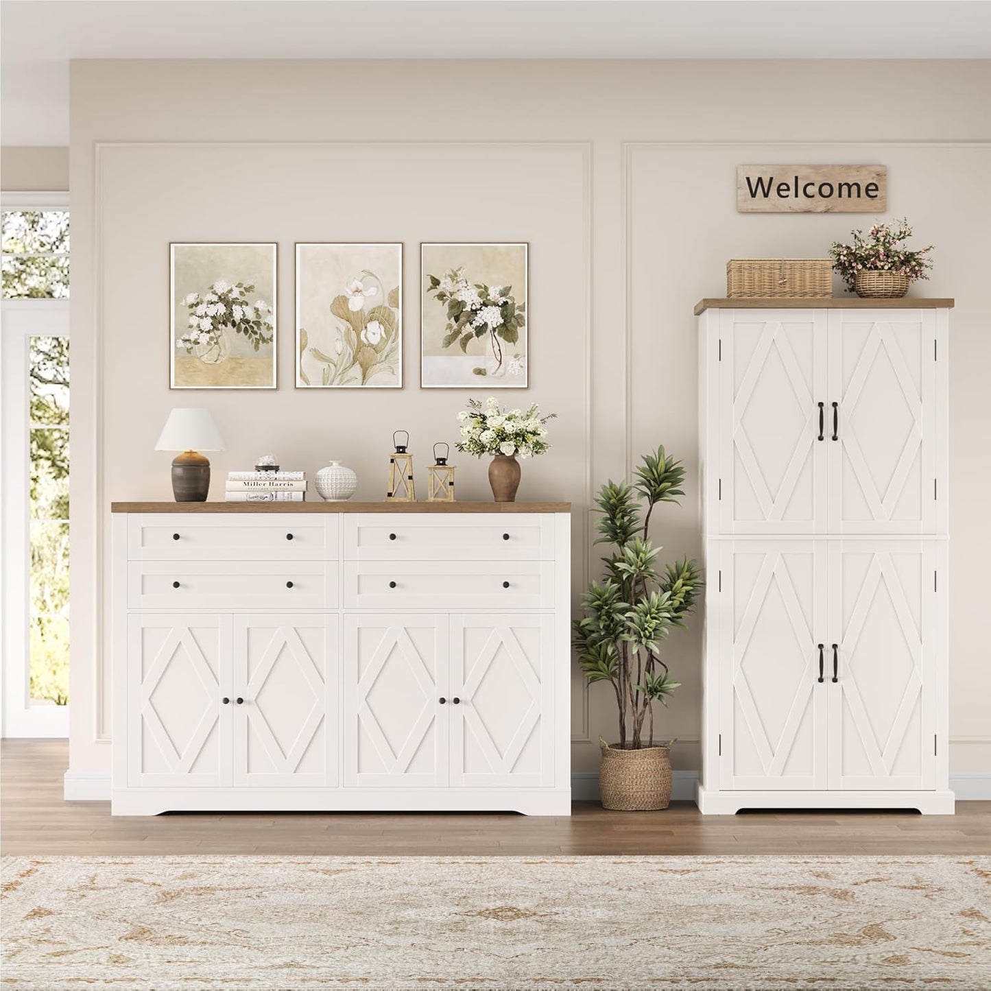 55" Coffee Bar with 4 Large Drawers, 40" Tall Buffet Cabinet with Storage, Kitchen Storage Cabinet, Modern Farmhouse Sideboard Buffet, Adjustable Shelves for Living Room, White